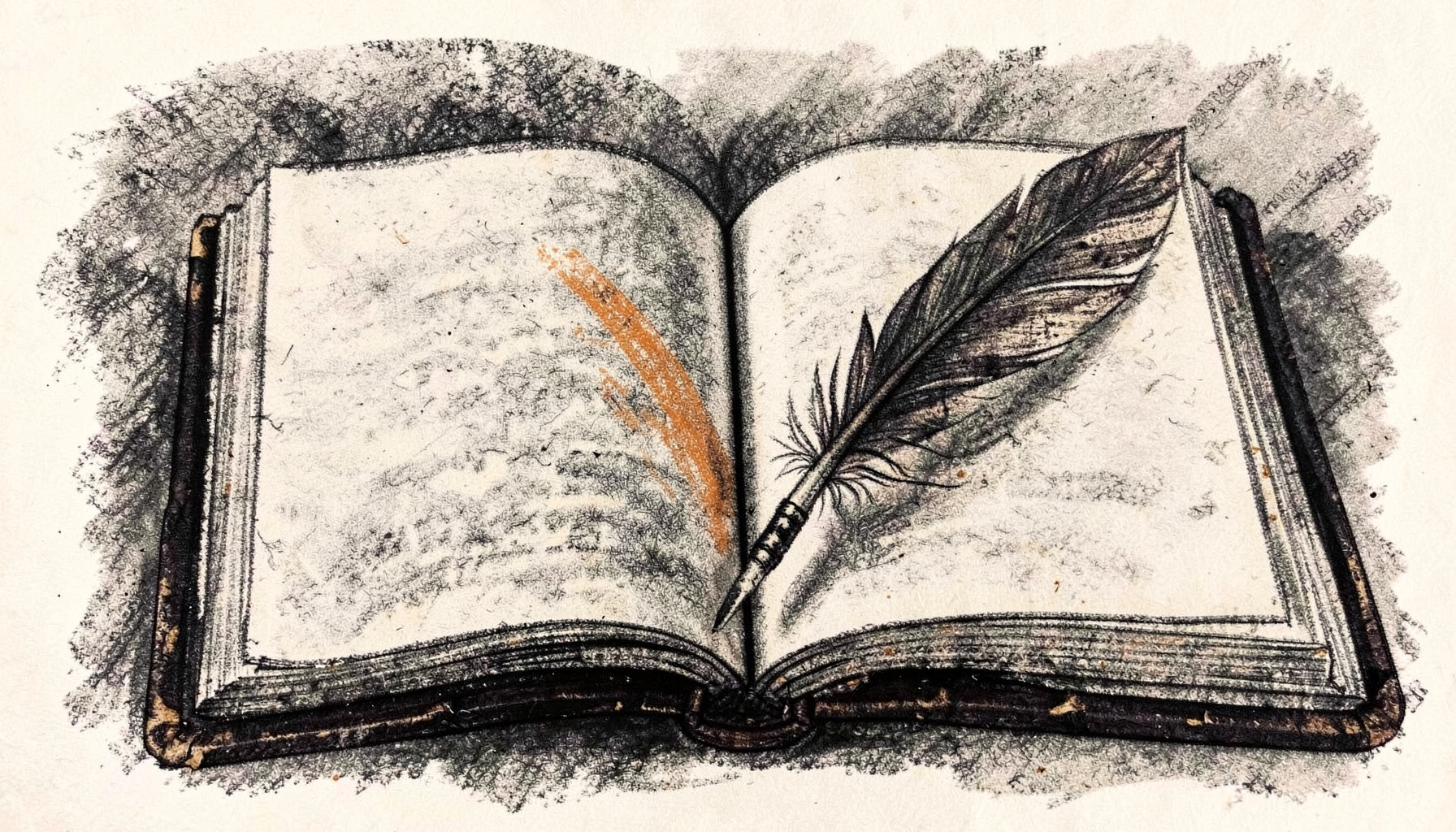 Bold charcoal drawing of an open journal with a quill resting on its pages, rendered in deep grays and warm sepia tones with a romantic, intimate mood